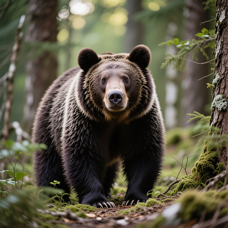 Large wild brown bear stands on mossy forest floor, facing directly toward the camera in a sunlit...