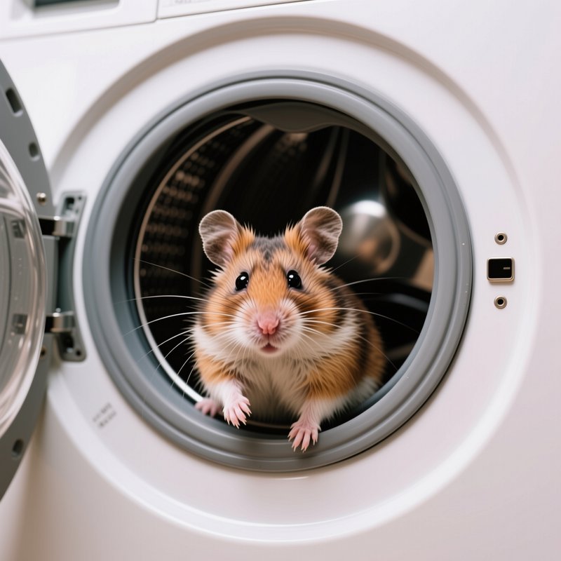 Curious fluffy Syrian hamster peeks out from the drum of an open modern front-load washing machin...