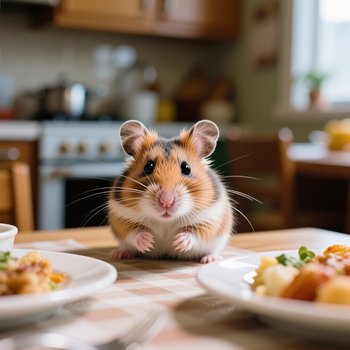 Cute fluffy golden brown and white hamster sits upright on a dining table between plates of home ...