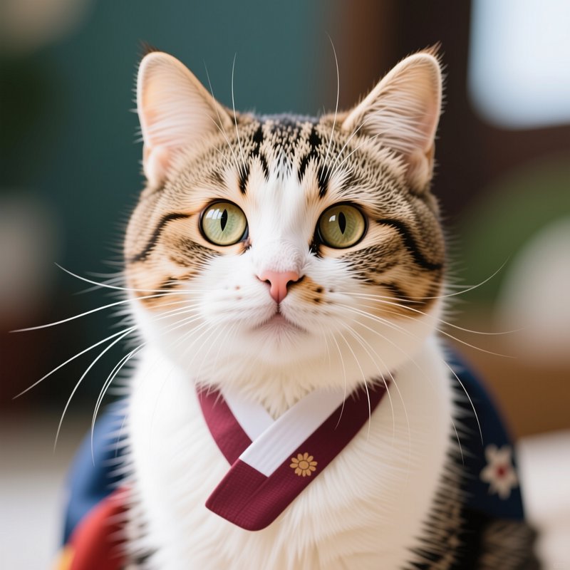 Close-up portrait of a fluffy tabby and white cat wearing a miniature traditional hanbok, gazing ...