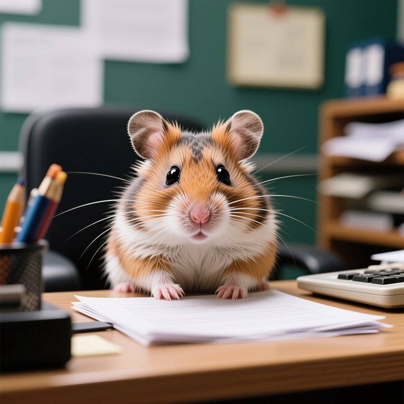 Adorable wide-eyed fluffy hamster sits on top of paperwork on a wooden office desk, facing the ca...