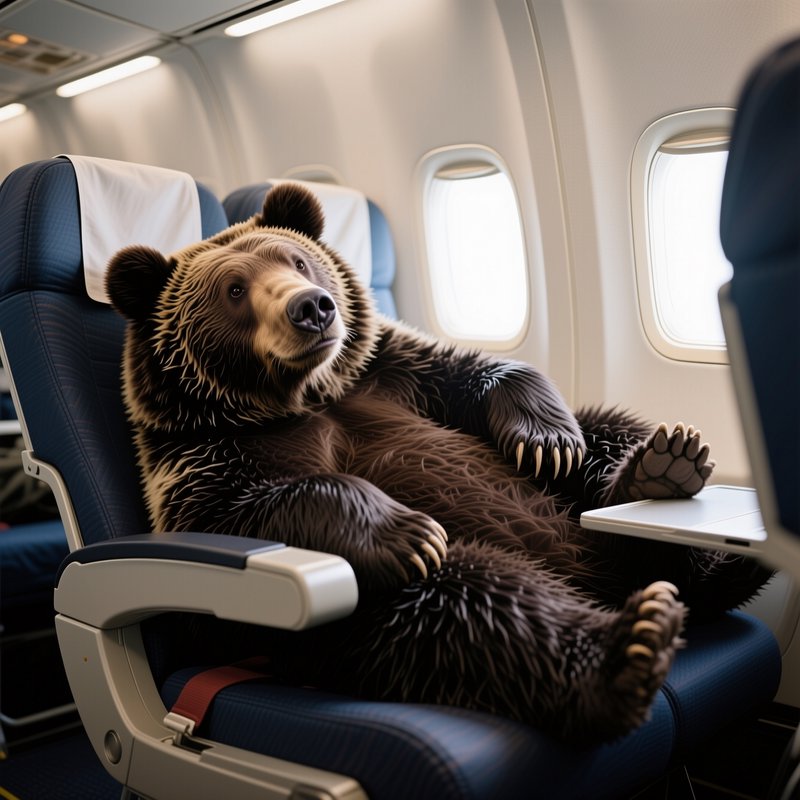 Fluffy brown grizzly bear relaxes reclined in a fastened seat inside a bright commercial airplane...