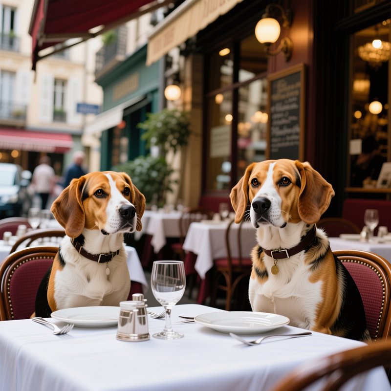 Two tricolor beagle dogs seated at a set outdoor dining table at a classic Parisian street bistro