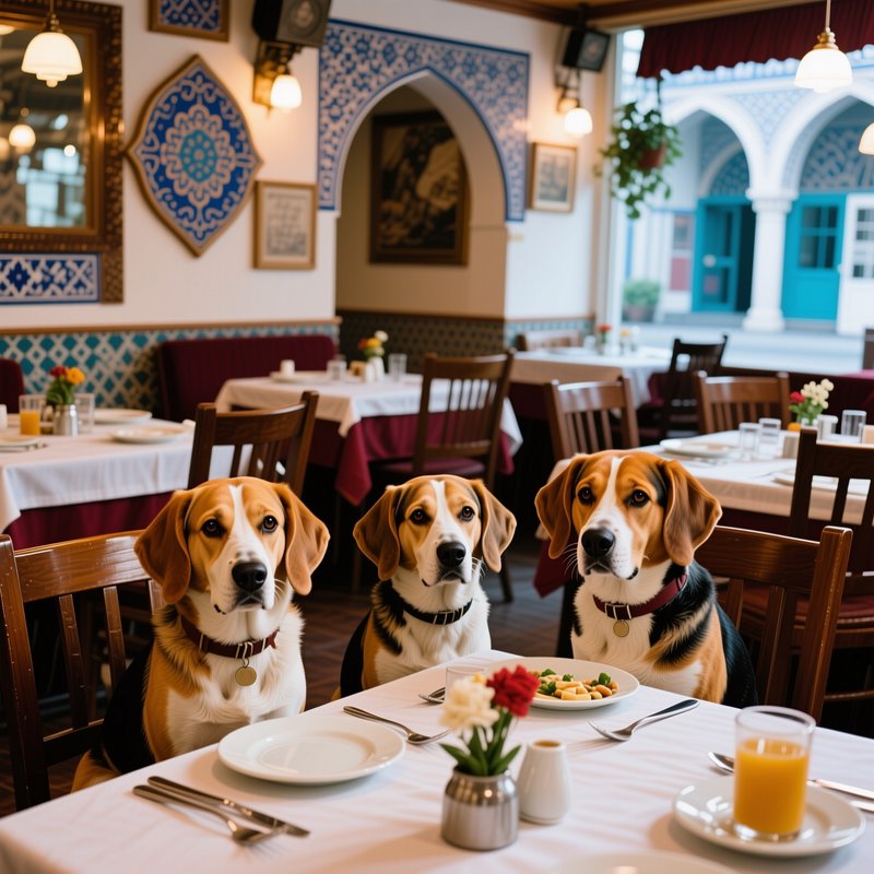 Three collared beagle dogs sit politely at a set dining table in a cozy Mediterranean-style resta...