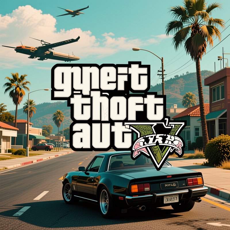 AI generated GTA V parody art showing sunny suburban street, retro muscle car, and distorted paro...