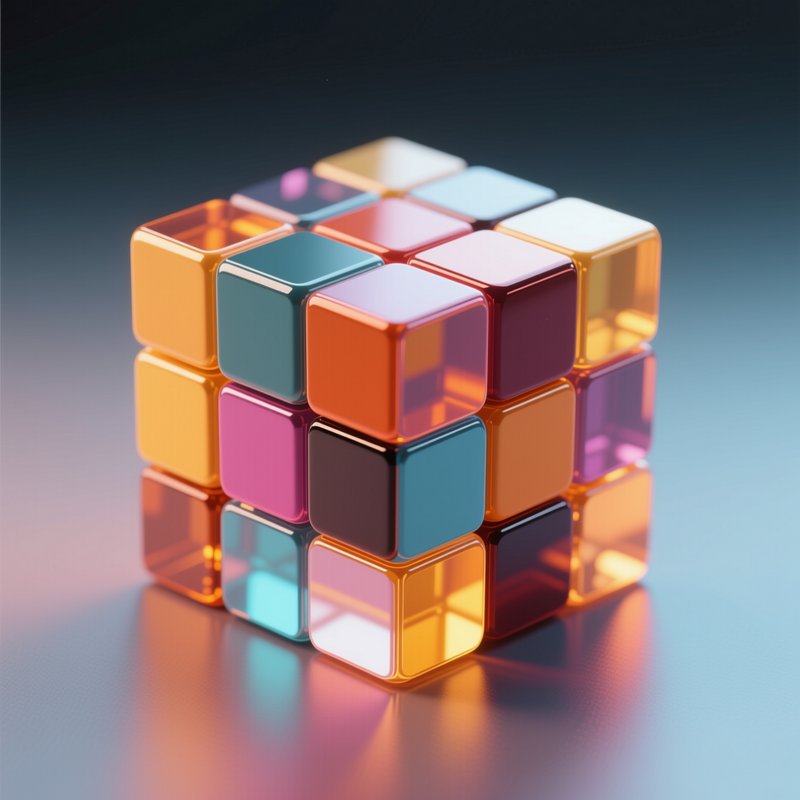 3D render of a glossy translucent multicolor 3x3 puzzle cube sitting on a reflective gradient sur...