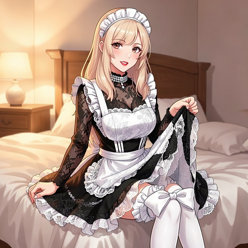 Blonde anime maid in a lace frilled uniform sits on a cozy sunlit bedroom bed