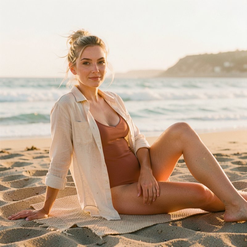 Pregnant blonde woman sits on a sandy beach at golden hour, looking gently at the camera with oce...