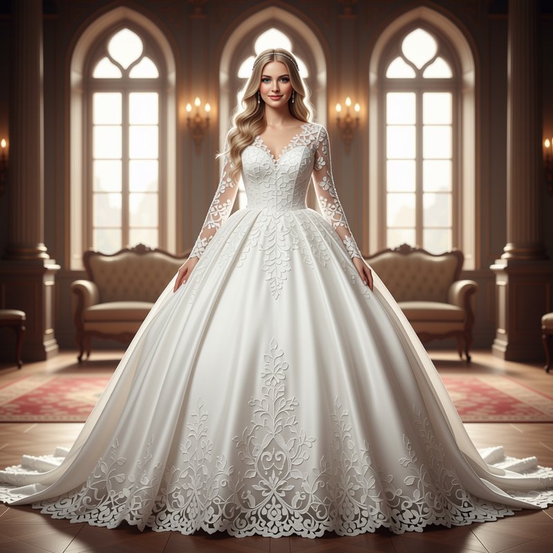 Blonde bride in an ornate lace ballgown wedding dress stands in a grand sunlit vintage palace bal...