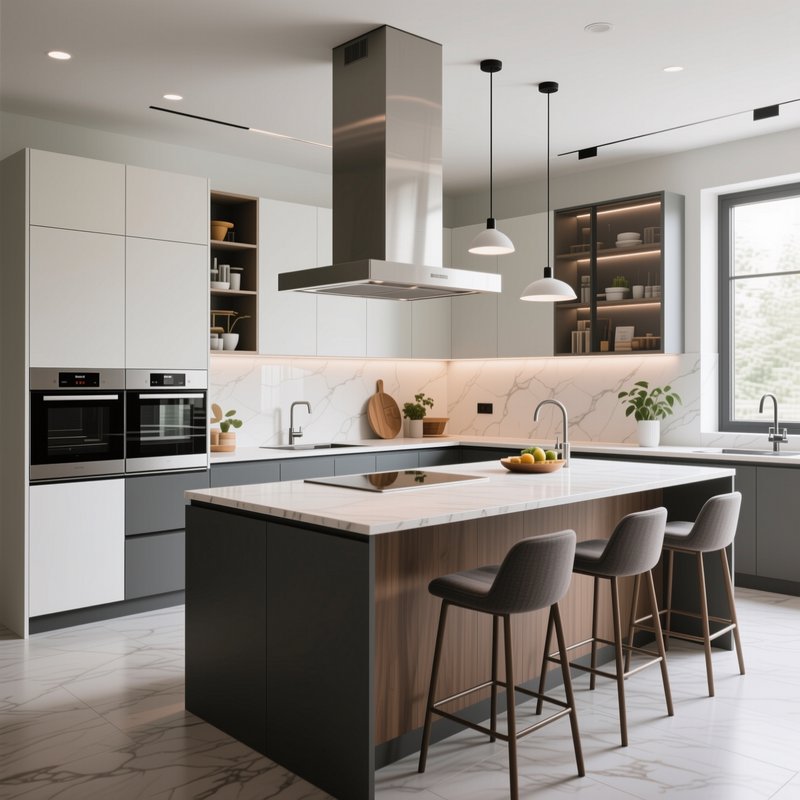 Sleek contemporary luxury kitchen featuring a central island, upholstered bar stools, marble surf...