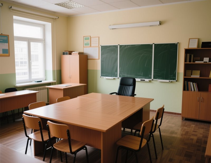Sunlit empty school classroom with wooden group table, student chairs, green chalkboard, storage ...