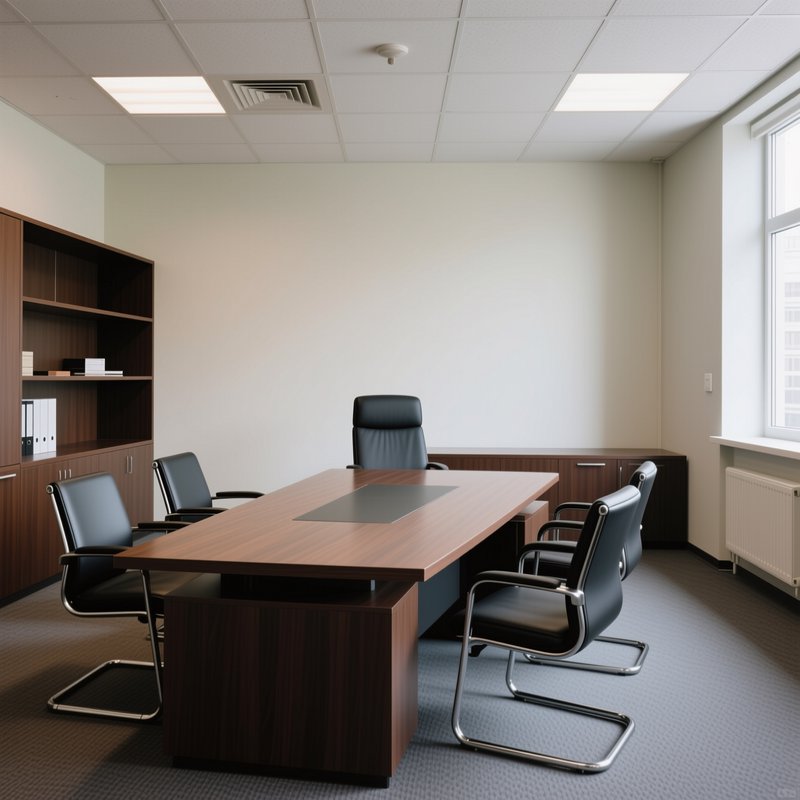 Bright empty modern corporate conference room with wood table, black leather chairs, built-in cab...