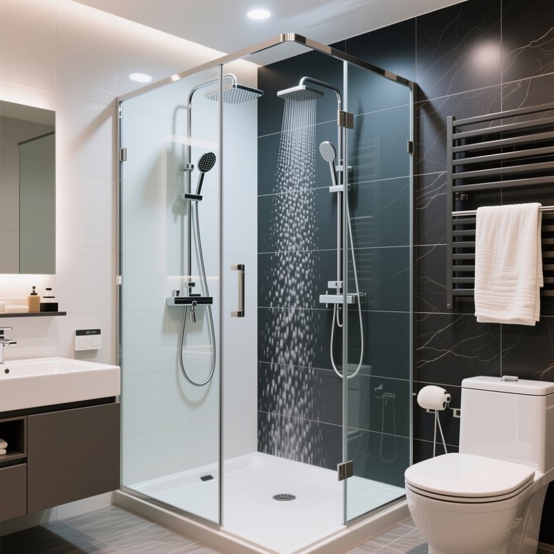 Sleek contemporary bathroom with glass enclosed rainfall shower, floating vanity, and white toile...