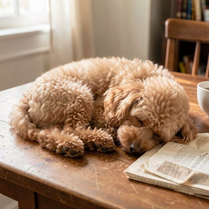 Fluffy apricot curly dog sleeps curled up on a worn wooden home table beside an open book, lit by...