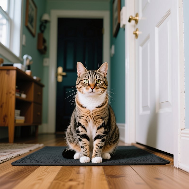 Alert striped tabby cat with white paws sits upright on a doormat in a cozy home hallway, looking...