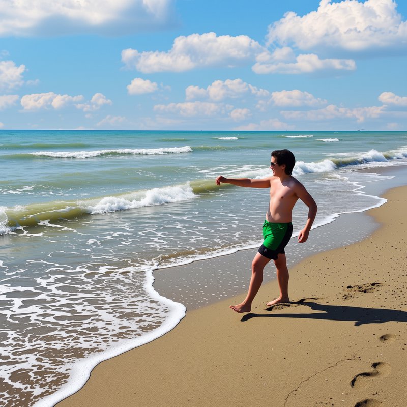 Shirtless teen in swim trunks walks along a sandy beach, pointing at gentle rolling turquoise oce...