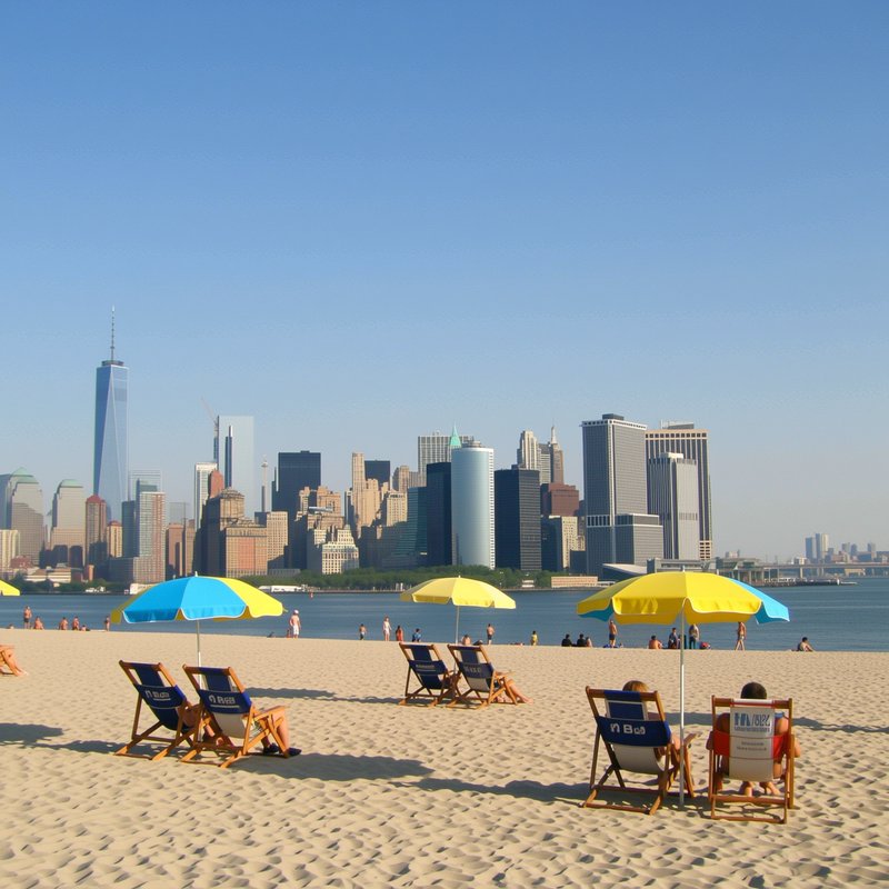 Sandy urban beach with lounge chairs and colorful umbrellas overlooking the Manhattan NYC skyline...