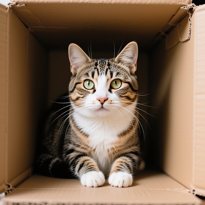 Adorable tabby bicolor cat with pale green eyes sits inside an open brown cardboard box looking d...