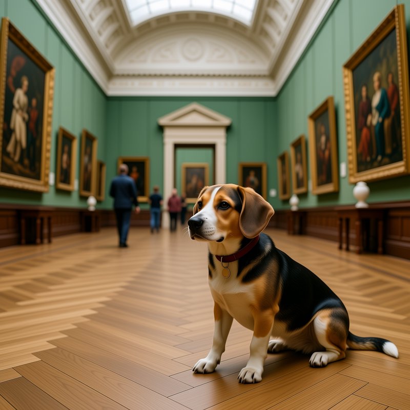 Tricolor beagle sits on a herringbone wood floor inside a classic art museum gallery lined with f...
