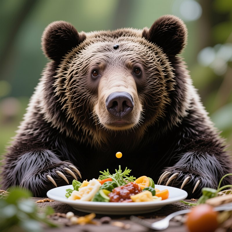 Shaggy brown grizzly bear sits at an outdoor table with a plate of fresh salad, blurred green for...