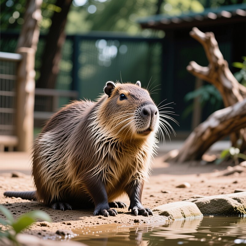 Sunlit close-up of a nutria (coypu) sitting on a sandy water's edge inside a naturalistic zoo enc...