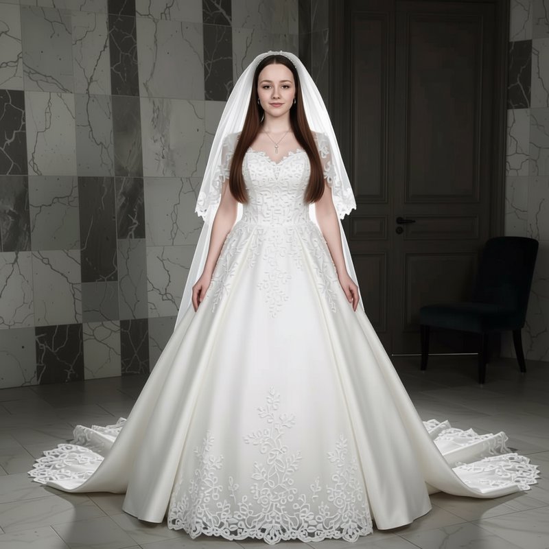 Bride wearing a lace trimmed ballgown wedding dress and veil stands in a marble tiled interior room
