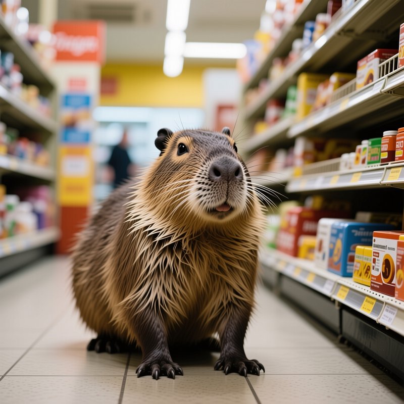 Curious spiky-furred nutria coypu sits on the tiled floor of a brightly lit supermarket aisle