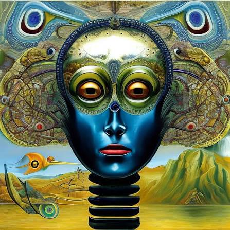 Surreal ornate blue metallic alien head with peacock feather details sits above a golden fantasy desert landscape