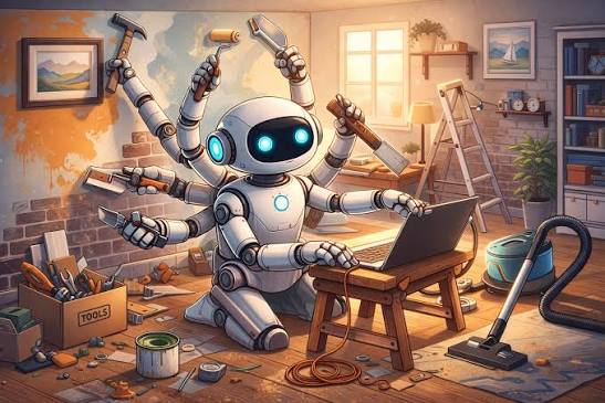 Multi-armed friendly robot holds renovation tools while using a laptop to plan home improvements