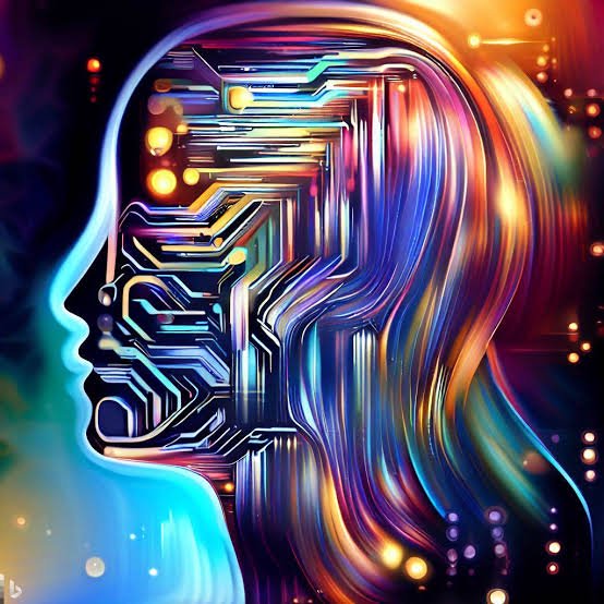Side profile of a human head with circuit board brain, glowing neon flowing lines, futuristic AI concept art