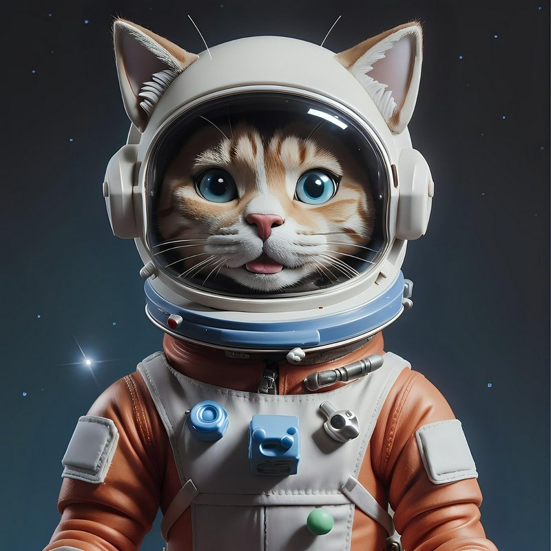 Cute ginger tabby cat wearing a detailed astronaut spacesuit and helmet, set against a starry dar...