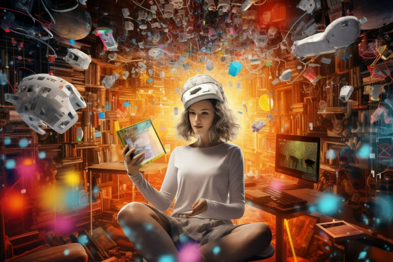 Woman wearing a VR headset sits cross-legged holding a book, surrounded by floating tech in a glowing futuristic library.