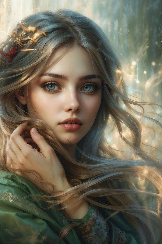 Ethereal portrait of a young elven woman with flowing ash-blonde hair, golden circlet, green gown...