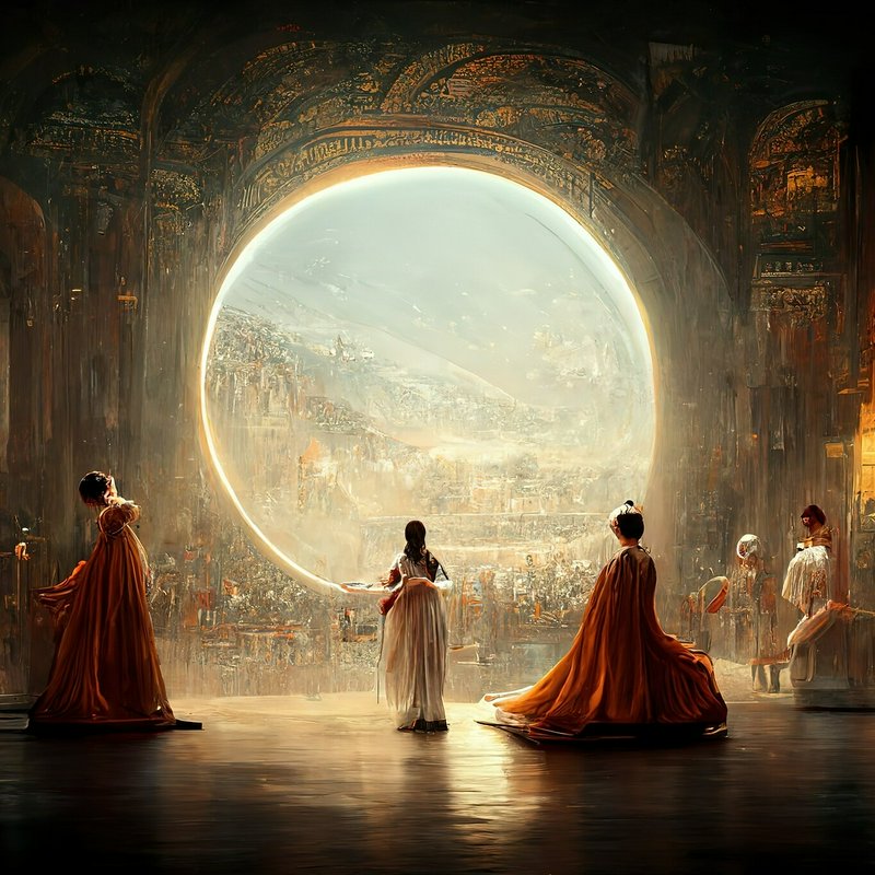 Robed figures stand in an ornate gilded hall, gazing at a glowing circular portal showing a dista...