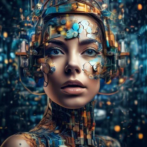 [Close-up portrait of a futuristic female cyborg with intricate mechanical circuitry blended with human facial features]