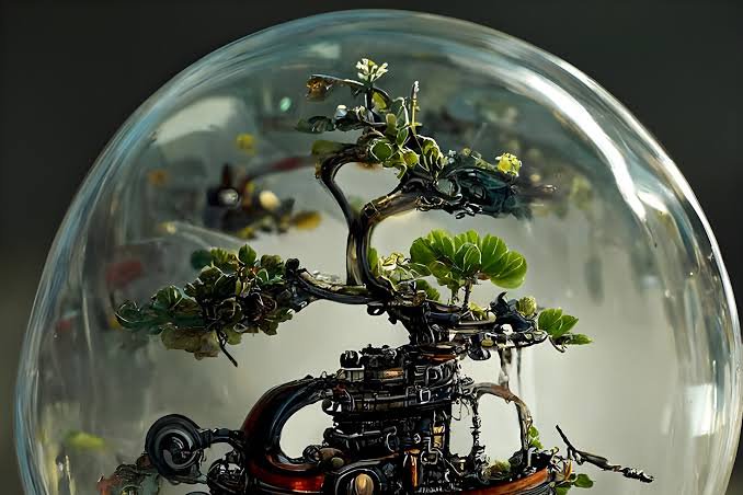 Intricate steampunk mechanical bonsai tree encased inside a clear glass sphere terrarium against ...