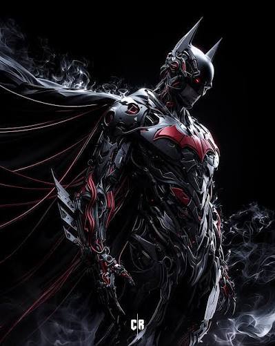 Cybernetic futuristic Batman in mechanical armored suit with glowing red eyes, winged cape, again...