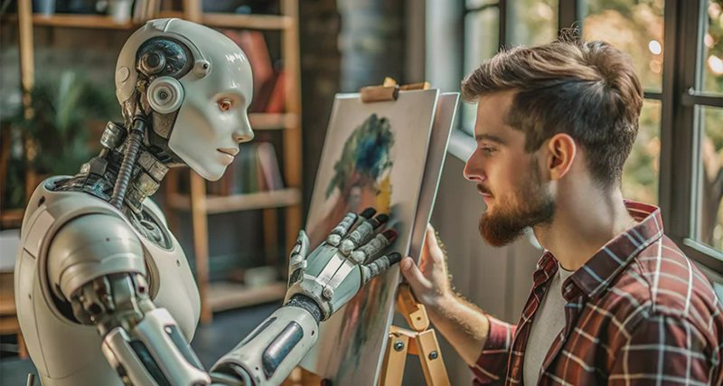 Humanoid AI robot and bearded male artist collaborate on a painted canvas at an easel in a sunlit...