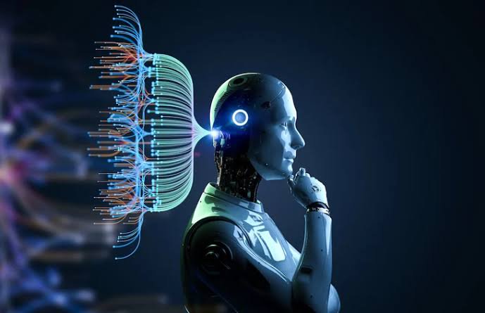 Side profile of a thoughtful humanoid AI robot, with glowing neural network data visualization ex...