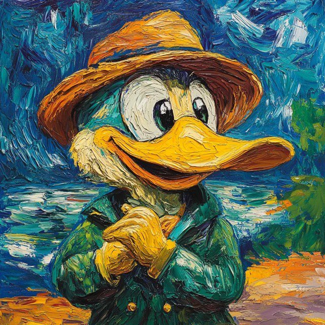 Impasto Van Gogh style portrait of cheerful Donald Duck wearing a straw hat, thick swirling brush...
