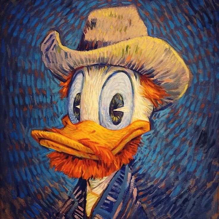 Impasto post-impressionist portrait of Donald Duck styled as Van Gogh, wearing a straw hat agains...