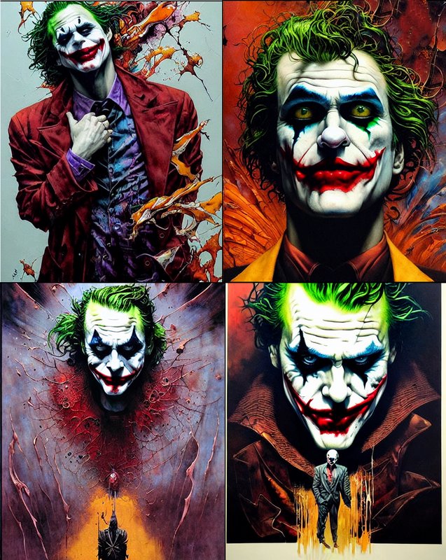 Four-panel grid of surreal painted Joker fan art portraits showing the iconic villain with signat...