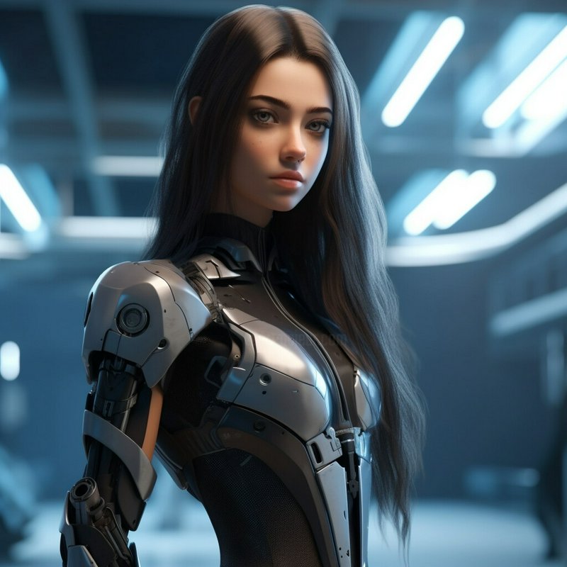 Realistic female cyborg with long dark hair and robotic armor standing in a futuristic sci-fi lab...