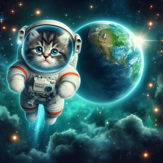Adorable fluffy tabby kitten in an astronaut suit floats in outer space next to glowing planet Ea...