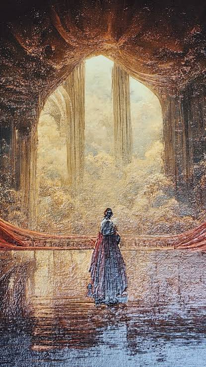 Textured impasto painting of a woman in a period gown standing before an ornate archway opening t...
