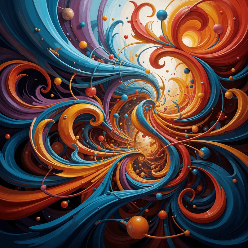 Surreal swirling abstract vortex art with vibrant glossy blue, orange, red, purple curlicues and ...