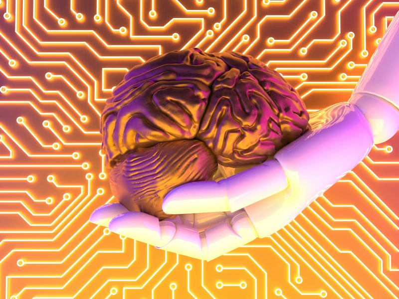 Glowing robotic hand holds a metallic human brain against a bright neon circuit board patterned b...
