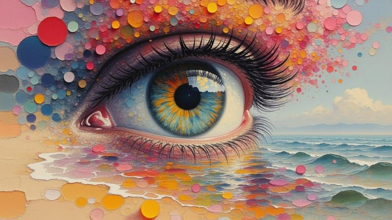 Surreal pointillist painting merging a detailed human eye with a sunny coastal beach ocean landsc...