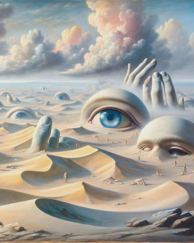 Surreal desert landscape painting featuring giant human eyes, disembodied hands, and tiny wanderi...