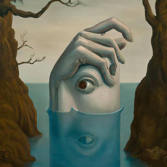 Surrealist painting of a hybrid hand and eye form rising from turquoise water between gnarled bar...